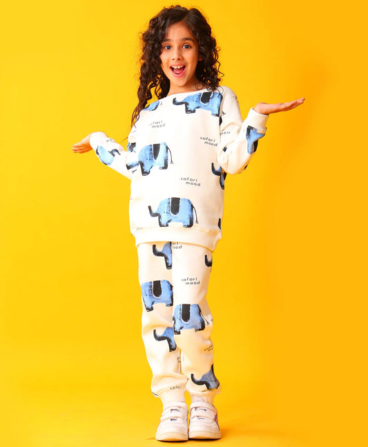 ELEPHANT SAFARI GIRLS FLEECE SWEATSHIRT JOGGER SET - WHITE