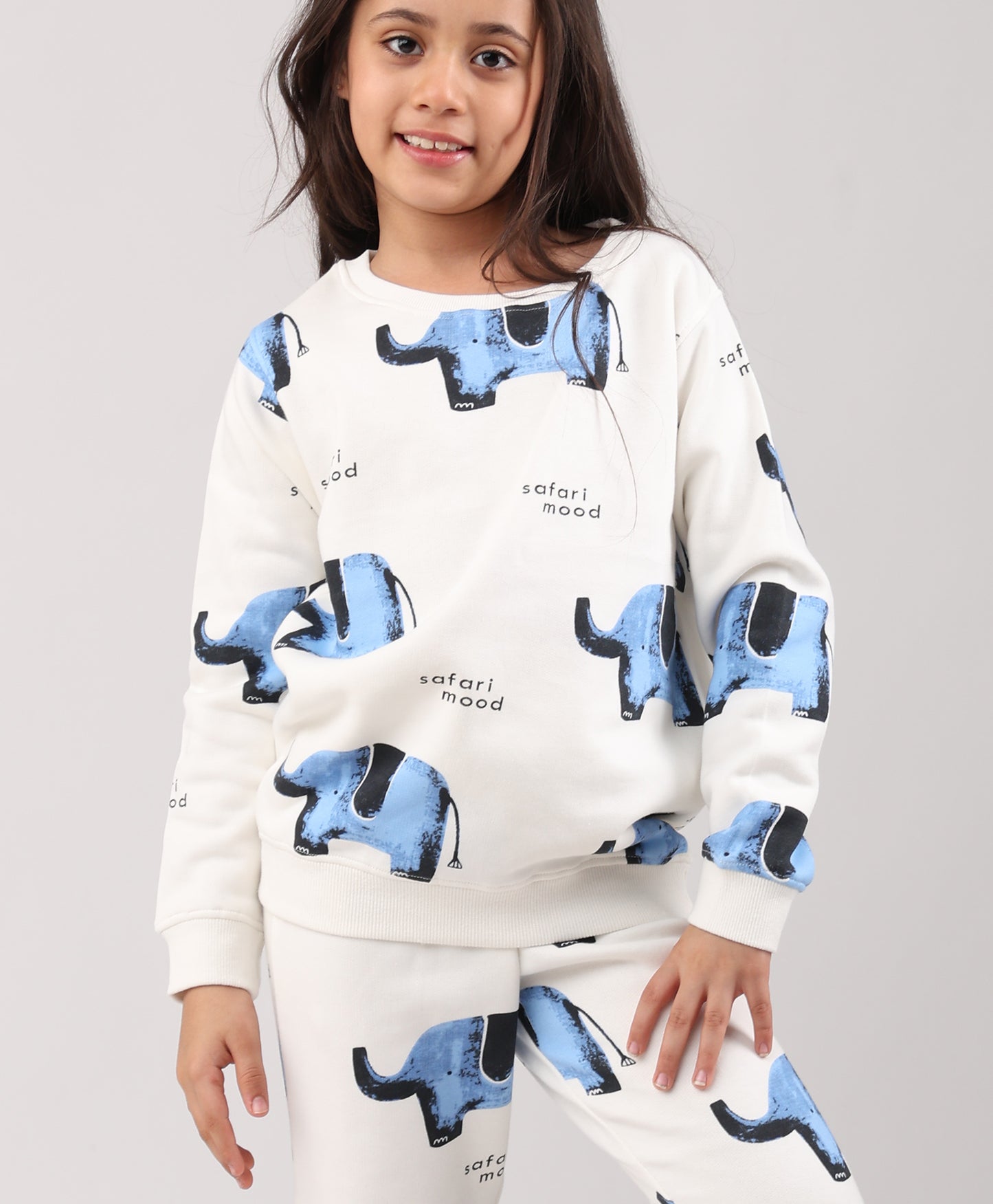 ELEPHANT SAFARI GIRLS FLEECE SWEATSHIRT JOGGER SET - WHITE