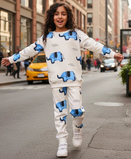 ELEPHANT SAFARI GIRLS FLEECE SWEATSHIRT JOGGER SET - WHITE