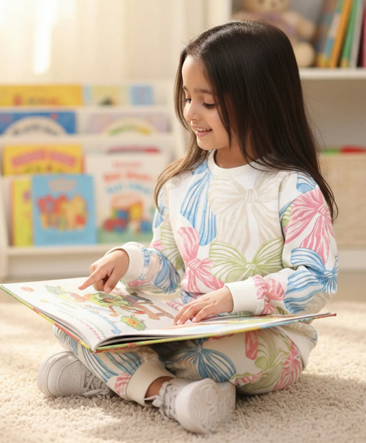 PAINTED BOW GIRLS FLEECE SWEATSHIRT JOGGER SET - WHITE