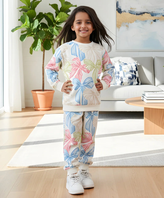 PAINTED BOW GIRLS FLEECE SWEATSHIRT JOGGER SET - WHITE