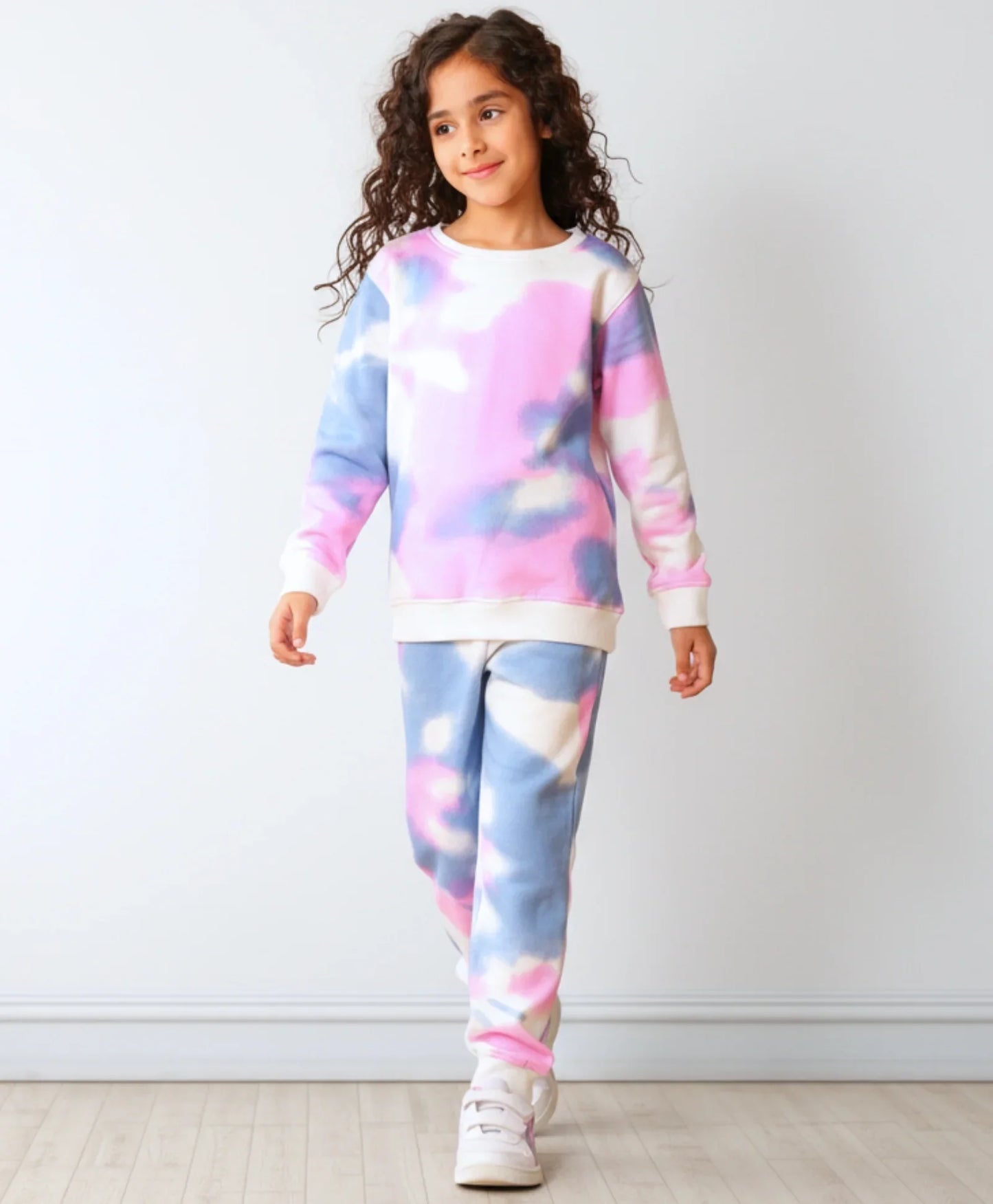 BLUE PINK TIE DYE GIRLS FLEECE SWEATSHIRT JOGGER SET - WHITE