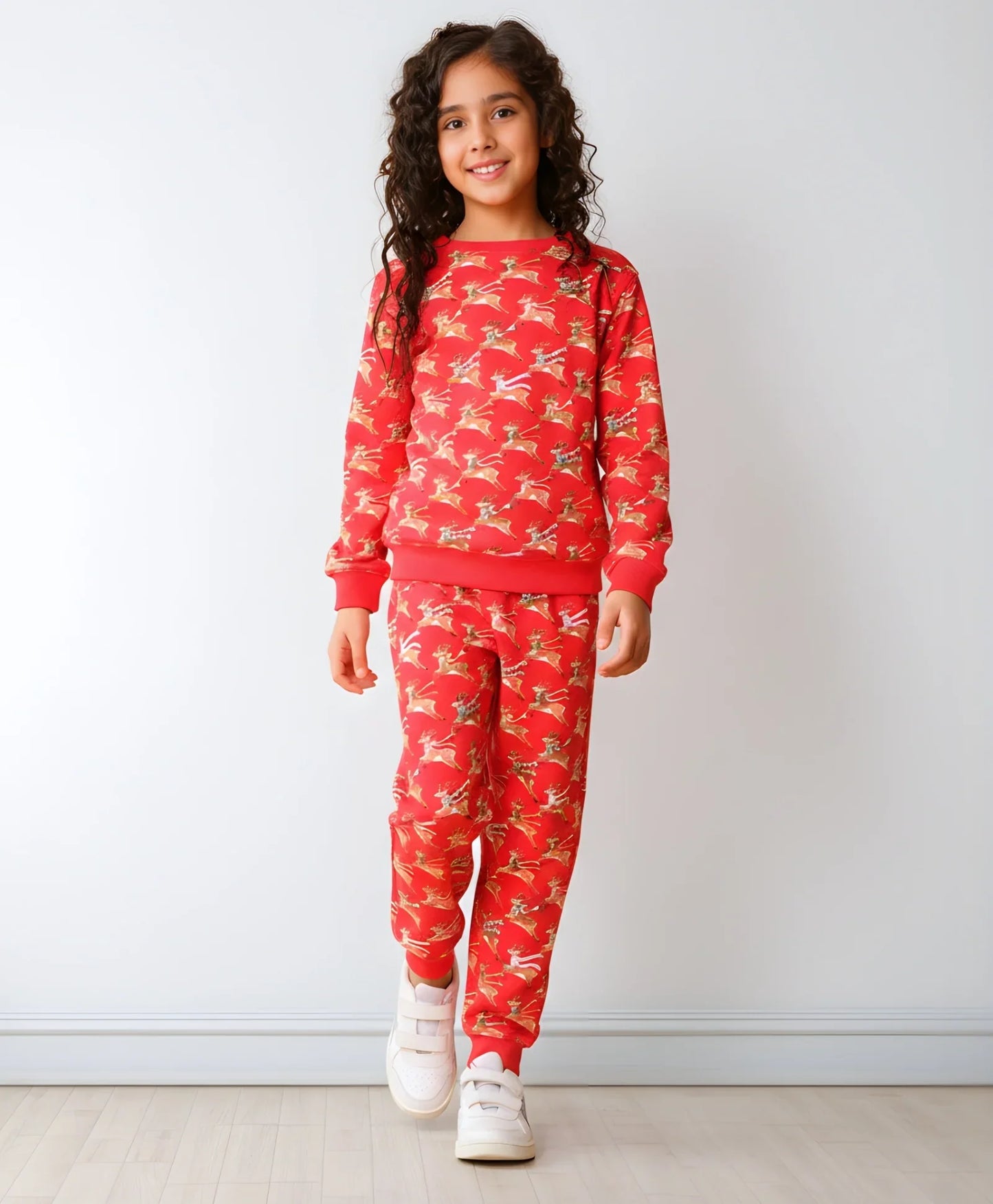 REINDEER PRINT FLEECE GIRLS SWEATSHIRT JOGGER SET - RED