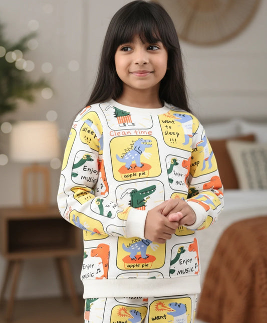 DINOSAUR STAMP FLEECE GIRLS SWEATSHIRT JOGGER SET - OFF WHITE