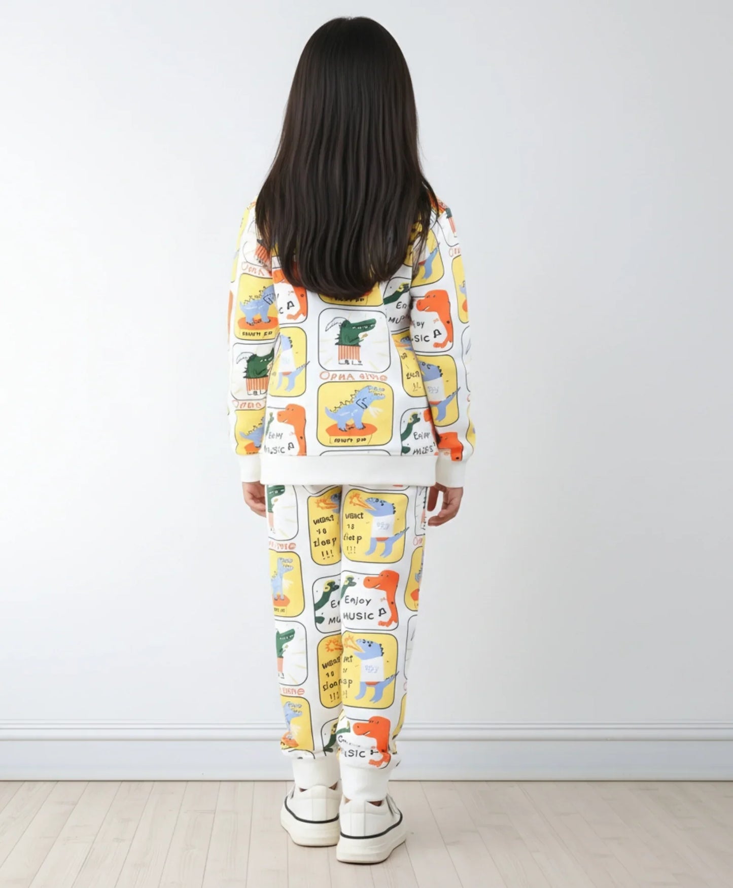 DINOSAUR STAMP FLEECE GIRLS SWEATSHIRT JOGGER SET - OFF WHITE