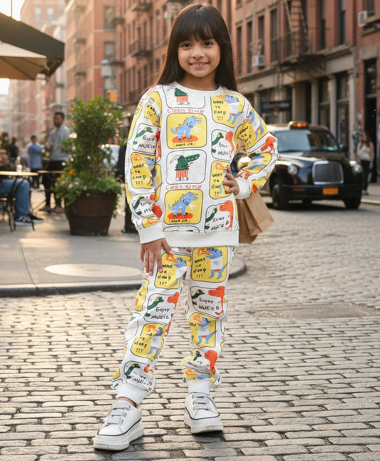 DINOSAUR STAMP FLEECE GIRLS SWEATSHIRT JOGGER SET - OFF WHITE