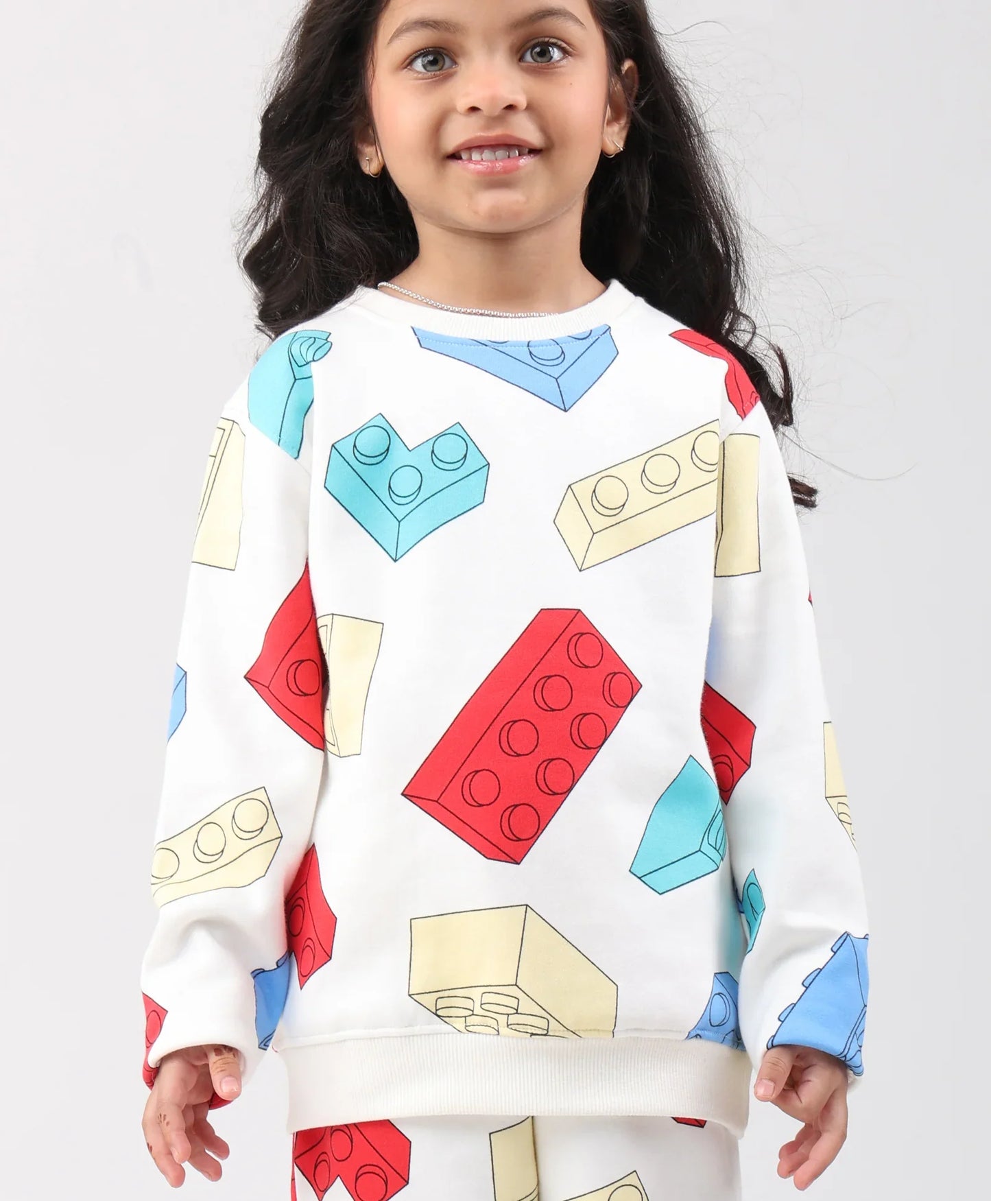 BLOCK BUILDER FLEECE GIRLS SWEATSHIRT JOGGER SET - OFF WHITE