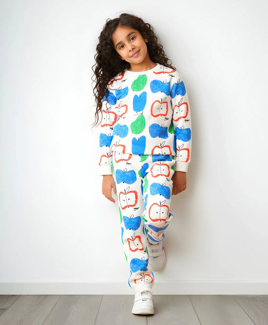 APPLE PEAR GIRLS FLEECE SWEATSHIRT JOGGER SET - WHITE