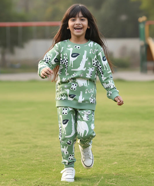 ANIMAL GREEN FLEECE GIRLS SWEATSHIRT JOGGER SET - GREEN