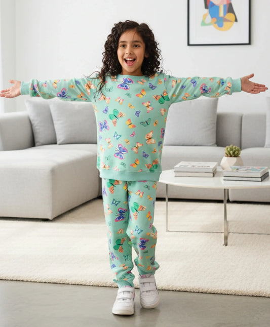 BUTTERFLY GREEN FLEECE GIRLS SWEATSHIRT JOGGER SET - GREEN