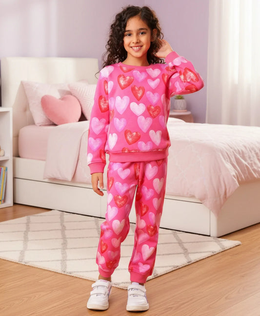 HEART PINK FLEECE GIRLS SWEATSHIRT JOGGER SET - PINK