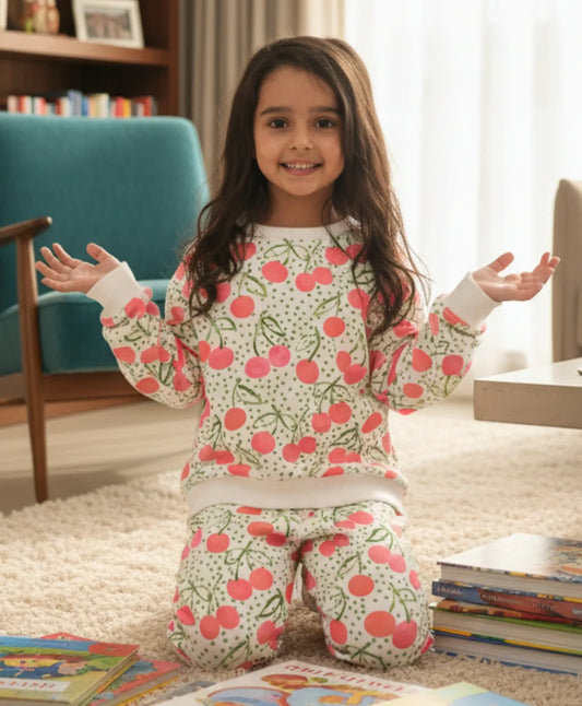 CHERRY LOVE FLEECE GIRLS SWEATSHIRT JOGGER SET - OFF WHITE