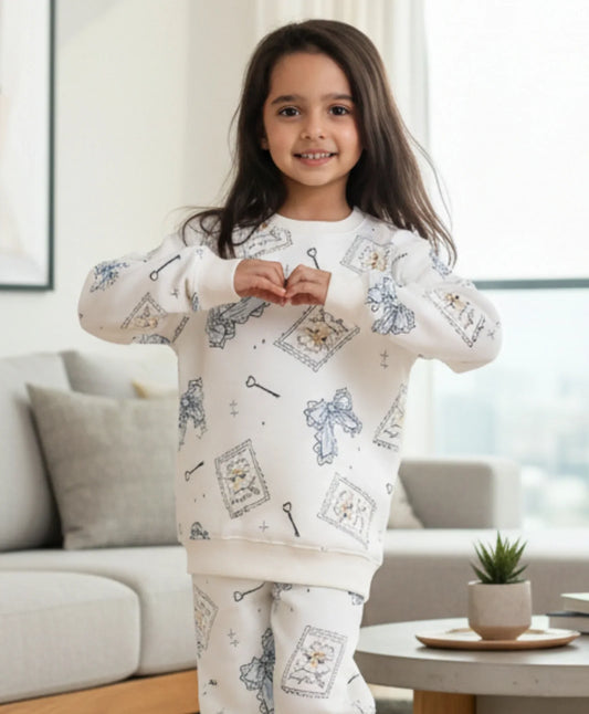 BOW KEY CAT GIRLS FLEECE SWEATSHIRT JOGGER SET - WHITE