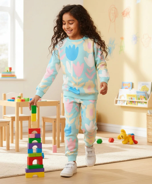 AQUA FLOWER FLEECE GIRLS SWEATSHIRT JOGGER SET - AQUA