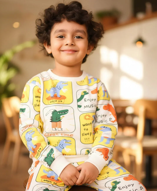 DINOSAUR STAMP FLEECE BOYS SWEATSHIRT JOGGER SET - OFF WHITE - Anthrilo