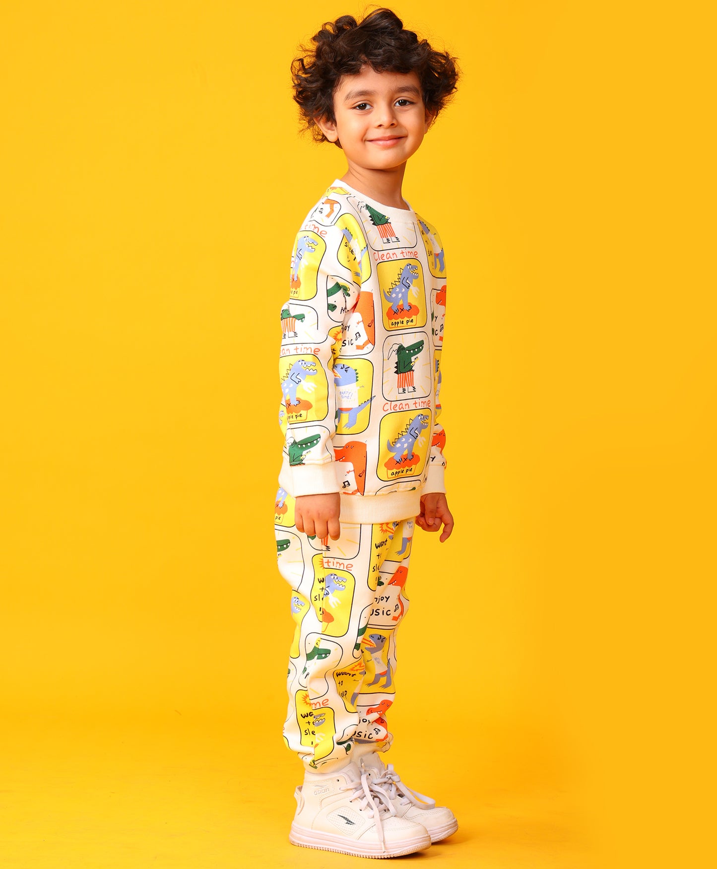DINOSAUR STAMP FLEECE BOYS SWEATSHIRT JOGGER SET - OFF WHITE