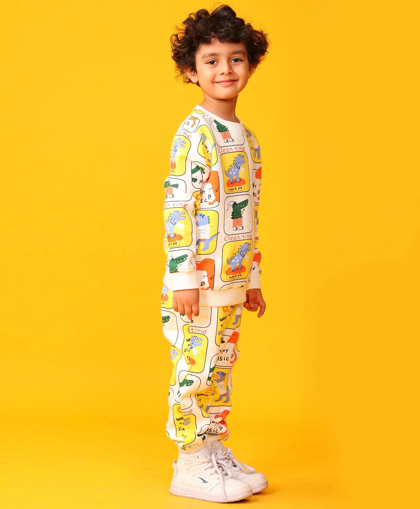 DINOSAUR STAMP FLEECE BOYS SWEATSHIRT JOGGER SET - OFF WHITE