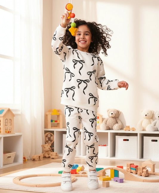 BLACK BOW GIRLS SWEATSHIRT FLEECE JOGGER SET - WHITE
