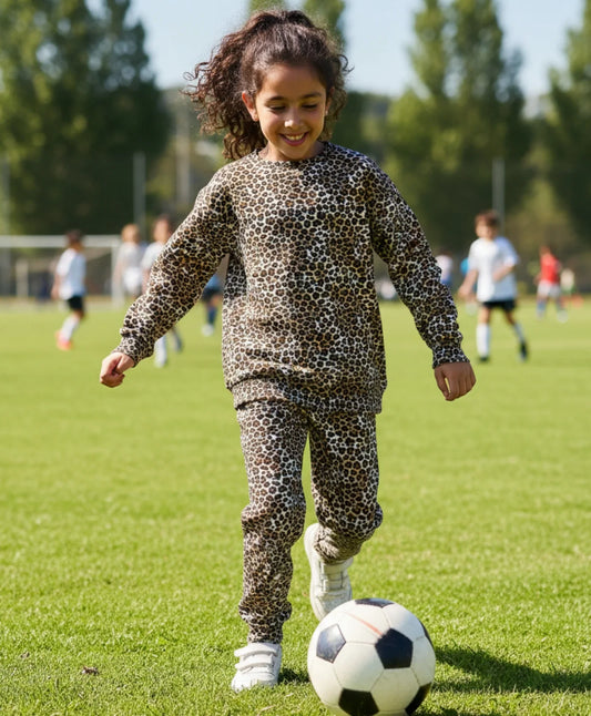 LEOPARD FLEECE GIRLS SWEATSHIRT JOGGER SET - BROWN