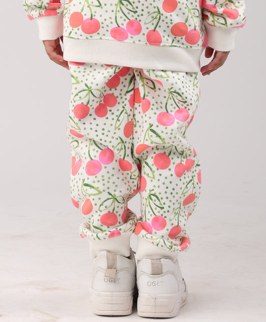 DOTTED CHERRY FLEECE GIRLS JOGGER - OFF WHITE