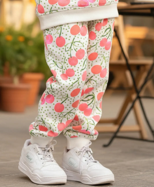 DOTTED CHERRY FLEECE GIRLS JOGGER - OFF WHITE