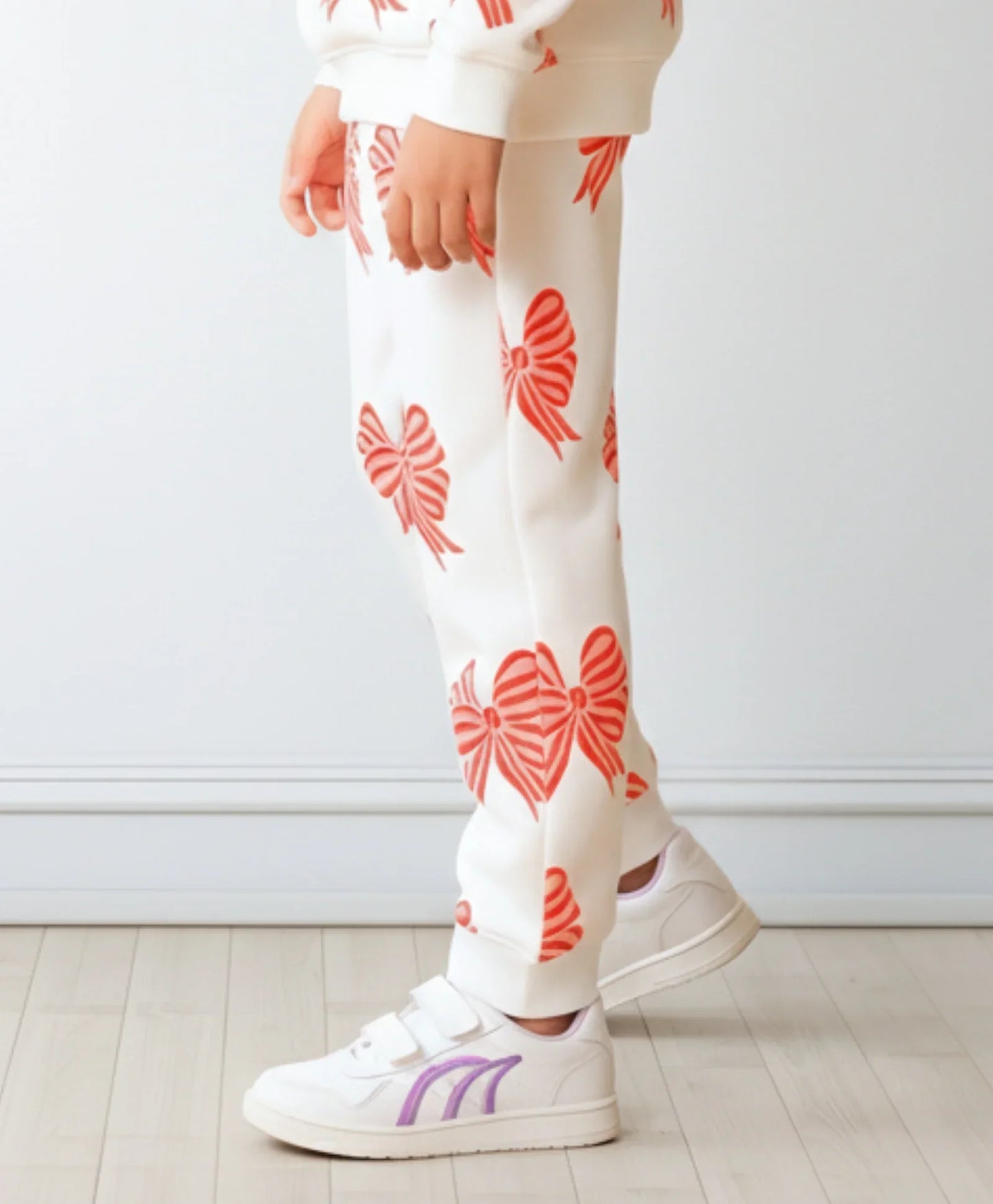 PINK BOW FLEECE GIRLS JOGGER - OFF WHITE