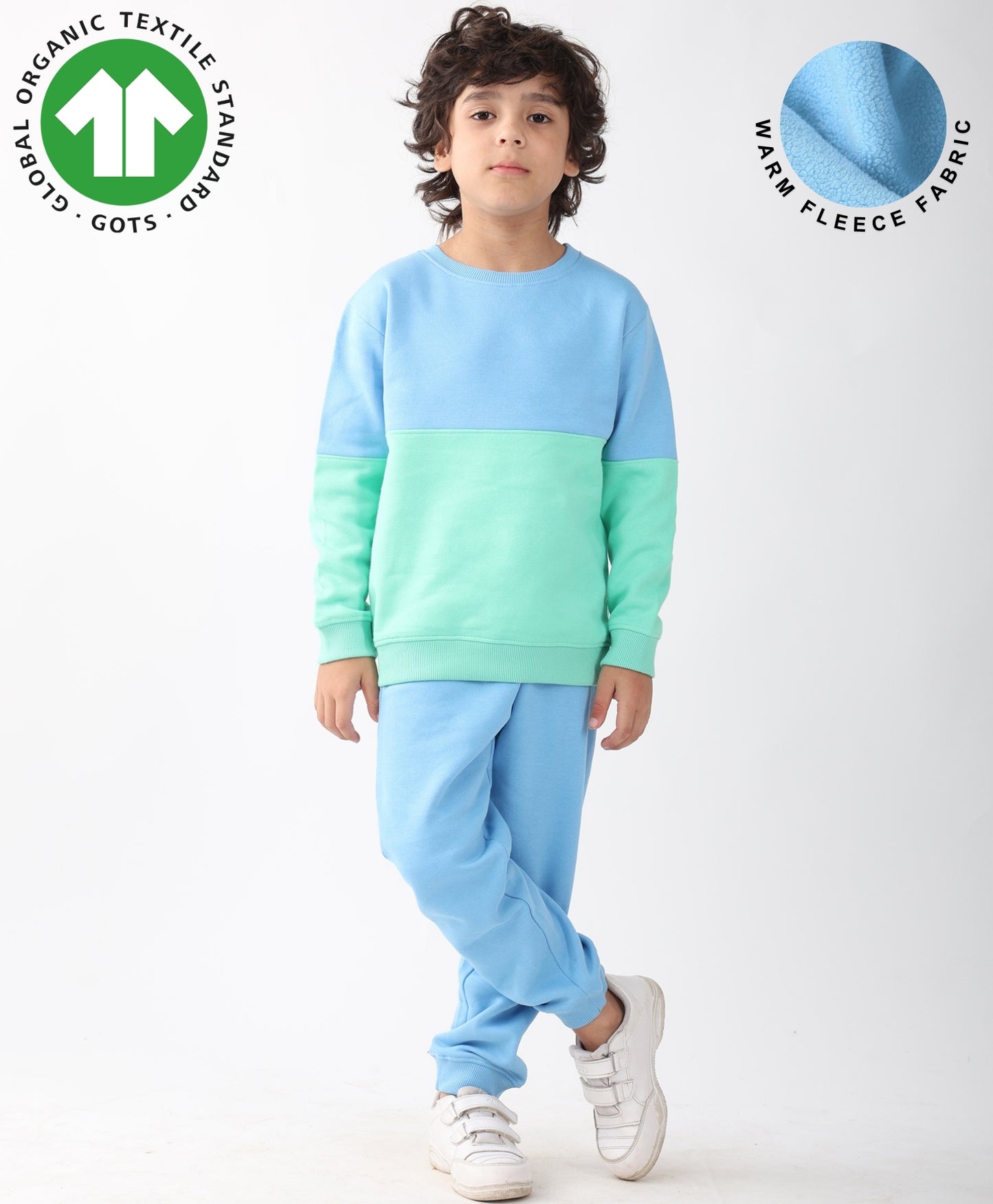 BLUE GREEN COLOR BLOCK FLEECE SWEATSHIRT BLUE JOGGER SET - SEA GREEN/BLUE