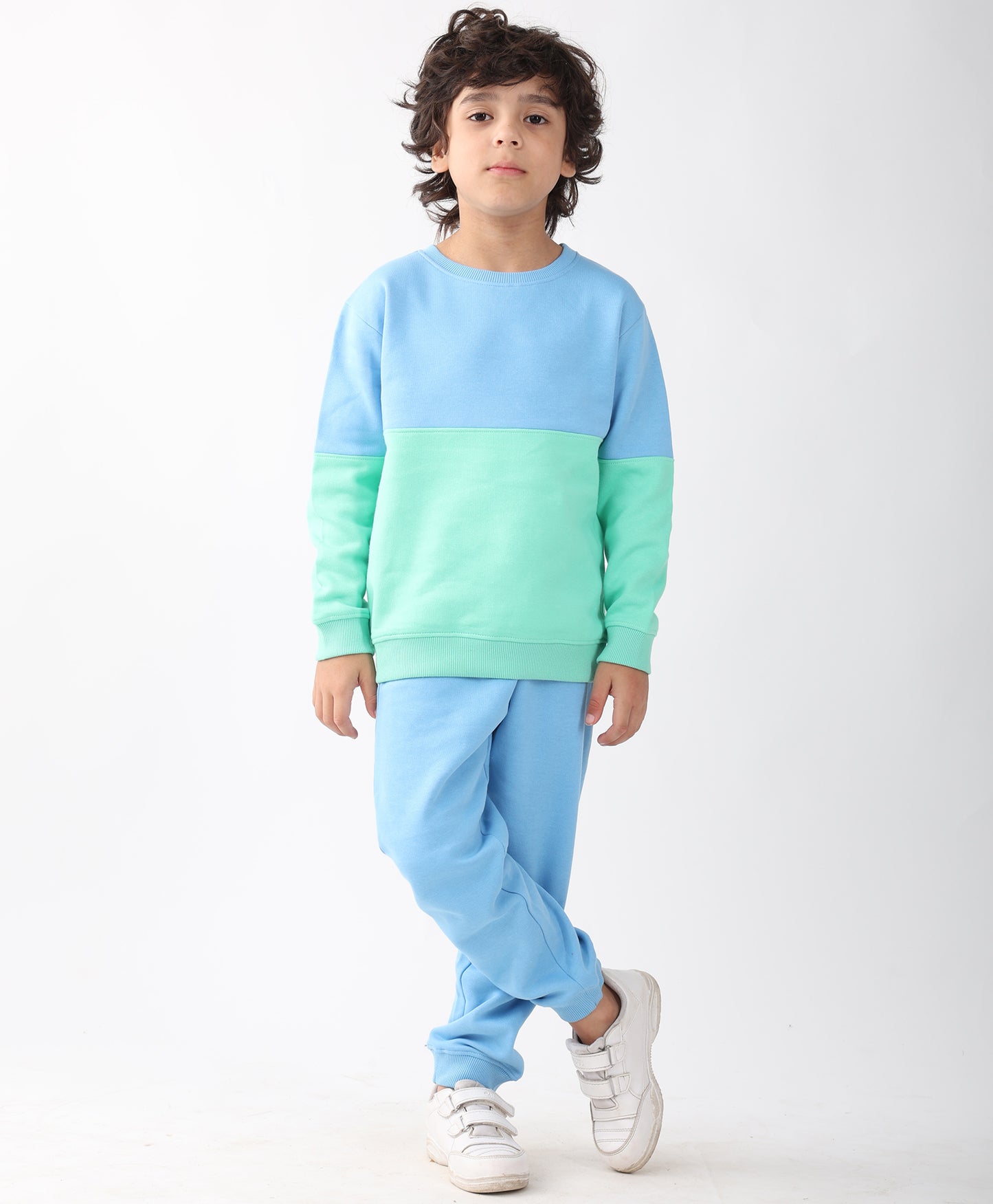 BLUE GREEN COLOR BLOCK FLEECE SWEATSHIRT BLUE JOGGER SET - SEA GREEN/BLUE