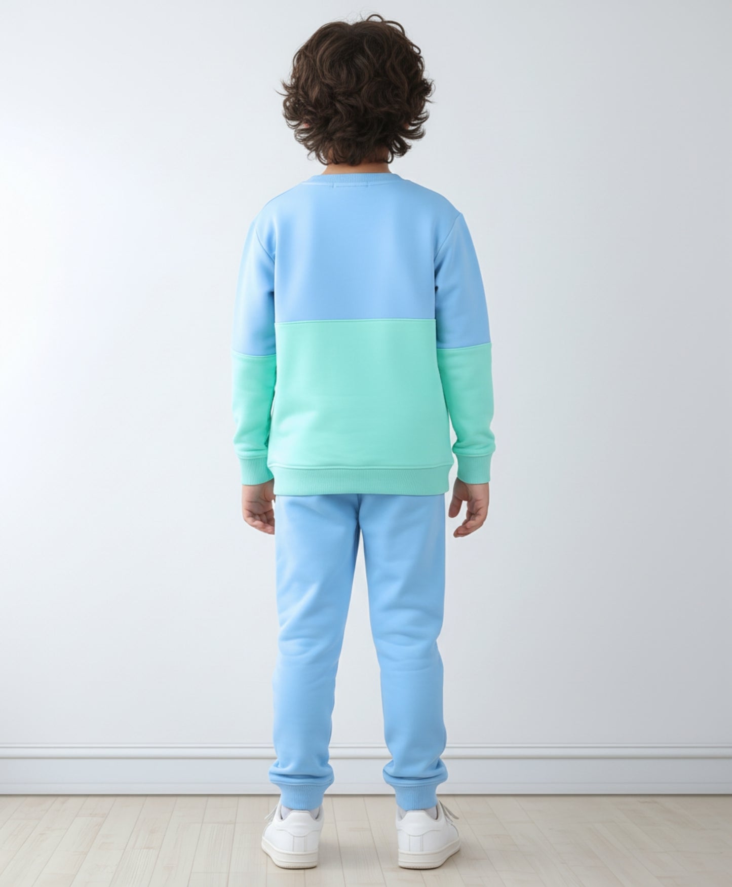 BLUE GREEN COLOR BLOCK FLEECE SWEATSHIRT BLUE JOGGER SET - SEA GREEN/BLUE