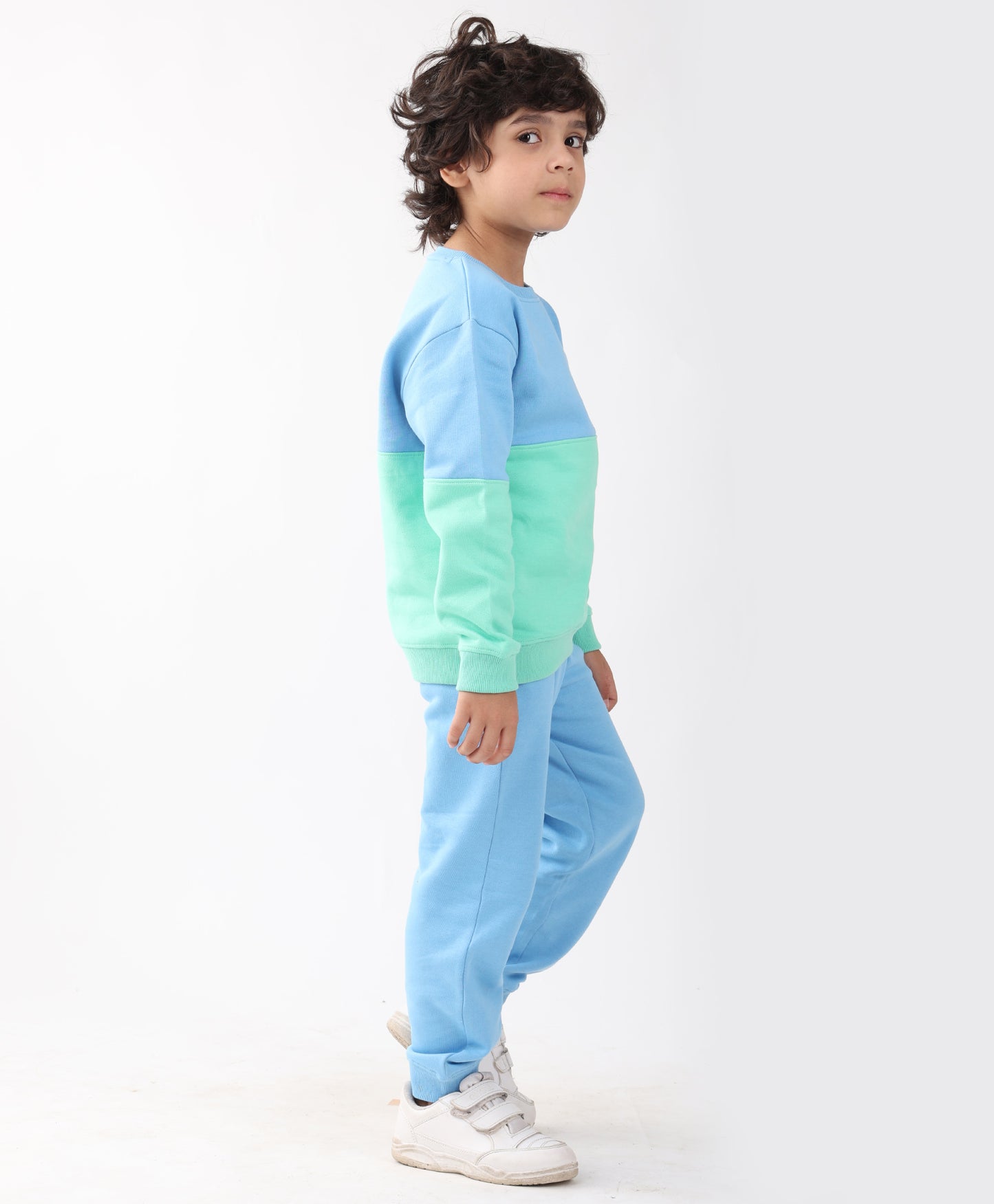 BLUE GREEN COLOR BLOCK FLEECE SWEATSHIRT BLUE JOGGER SET - SEA GREEN/BLUE