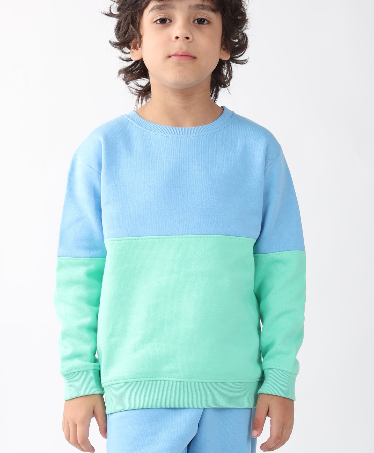 BLUE GREEN COLOR BLOCK FLEECE SWEATSHIRT BLUE JOGGER SET - SEA GREEN/BLUE