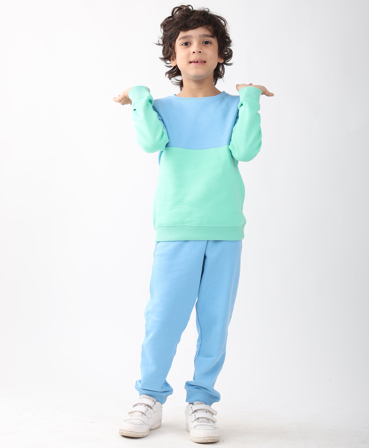 BLUE GREEN COLOR BLOCK FLEECE SWEATSHIRT BLUE JOGGER SET - SEA GREEN/BLUE