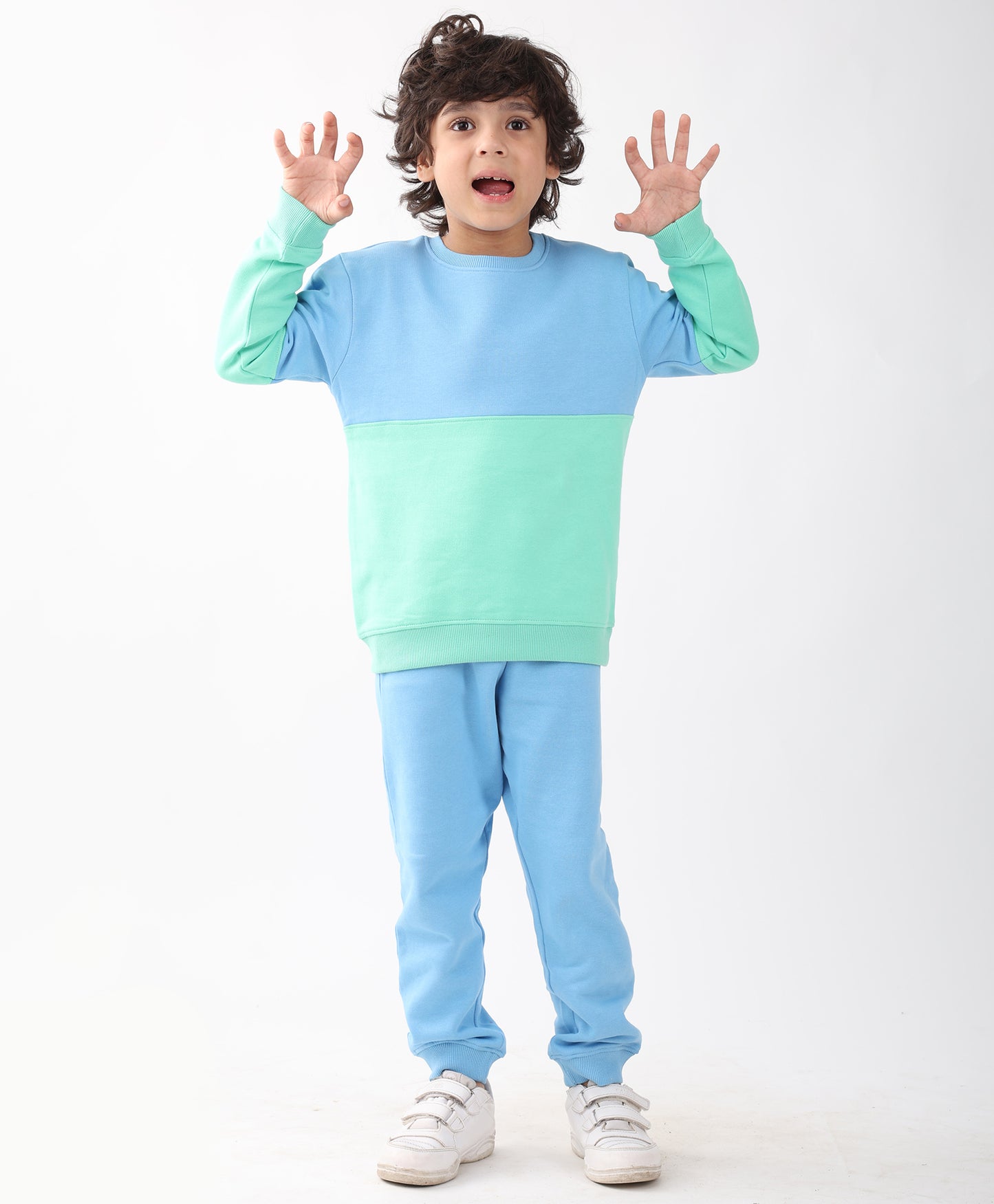 BLUE GREEN COLOR BLOCK FLEECE SWEATSHIRT BLUE JOGGER SET - SEA GREEN/BLUE