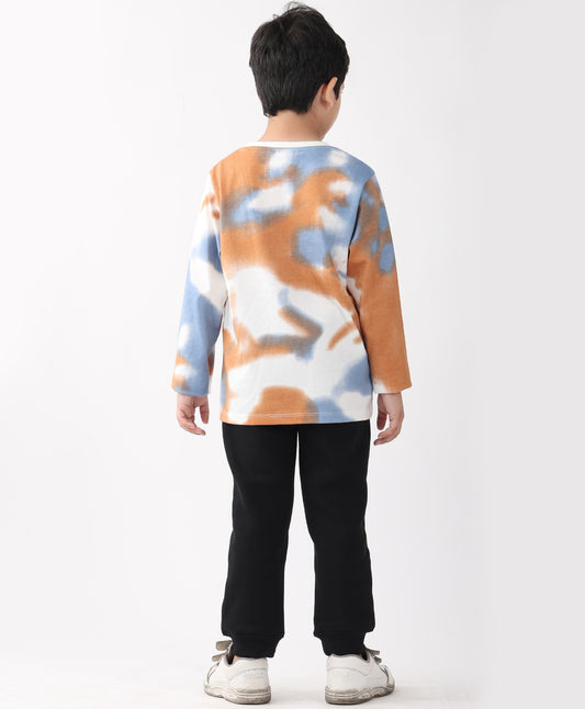 BLUE BROWN TIE DYE LONG SLEEVE T-SHIRT FLEECE JOGGER SET - BLUE/BLACK
