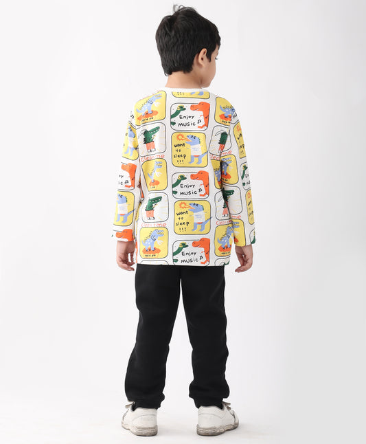 DINOSAUR STAMP LONG SLEEVE T-SHIRT FLEECE JOGGER SET - WHITE/BLACK