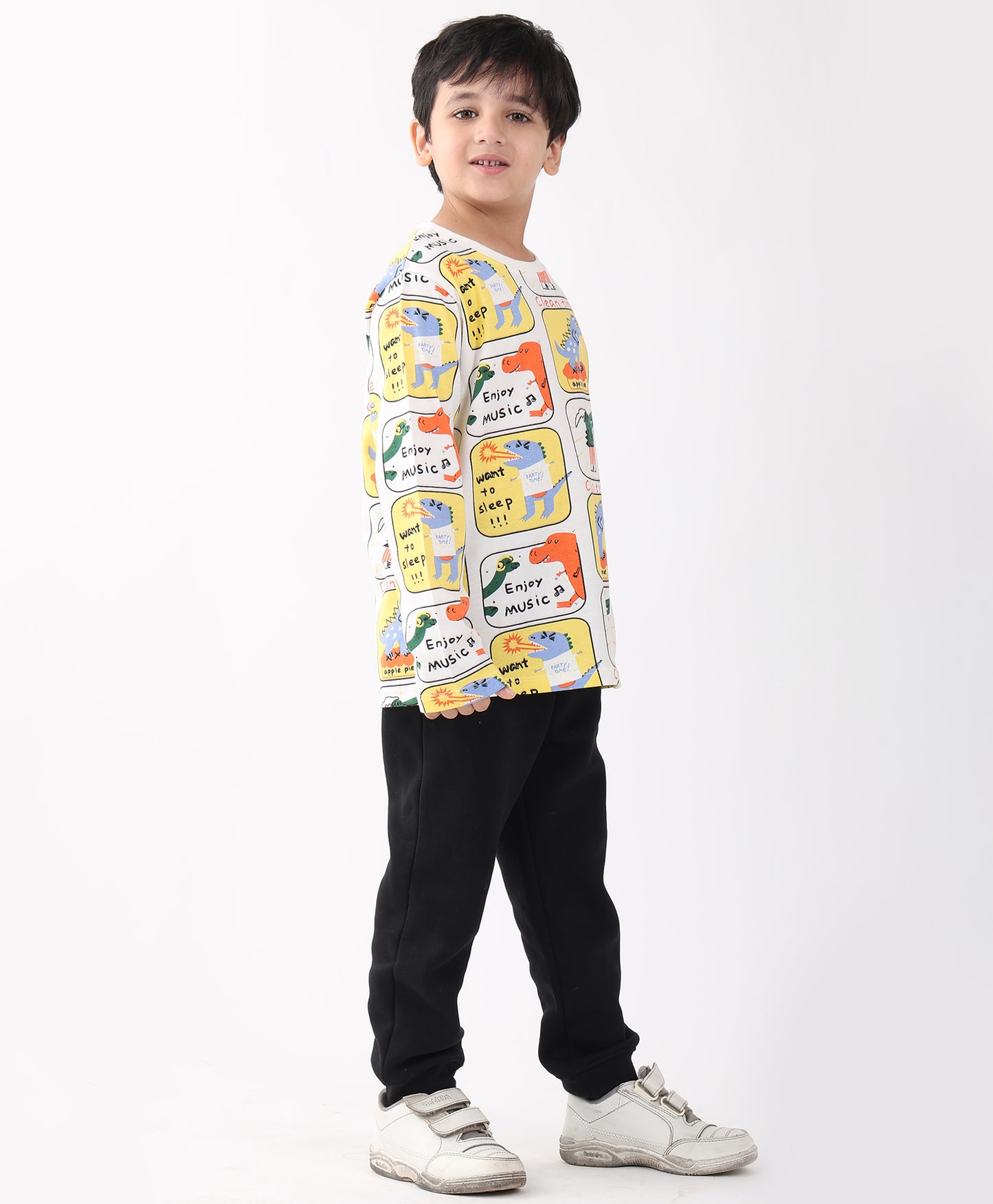 DINOSAUR STAMP LONG SLEEVE T-SHIRT FLEECE JOGGER SET - WHITE/BLACK