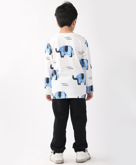 ELEPHANT SAFARI LONG SLEEVE T-SHIRT FLEECE JOGGER SET - WHITE/BLACK