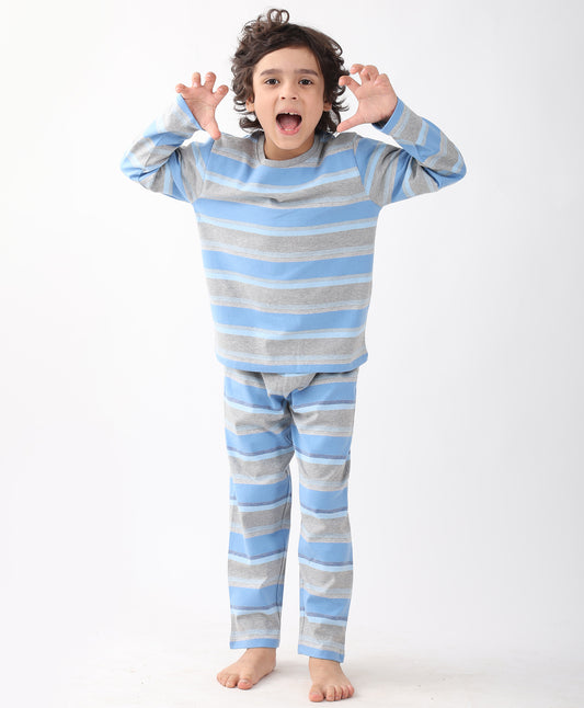 GREY SKYBLUE STRIPED BOYS PYJAMA SET - MULTI