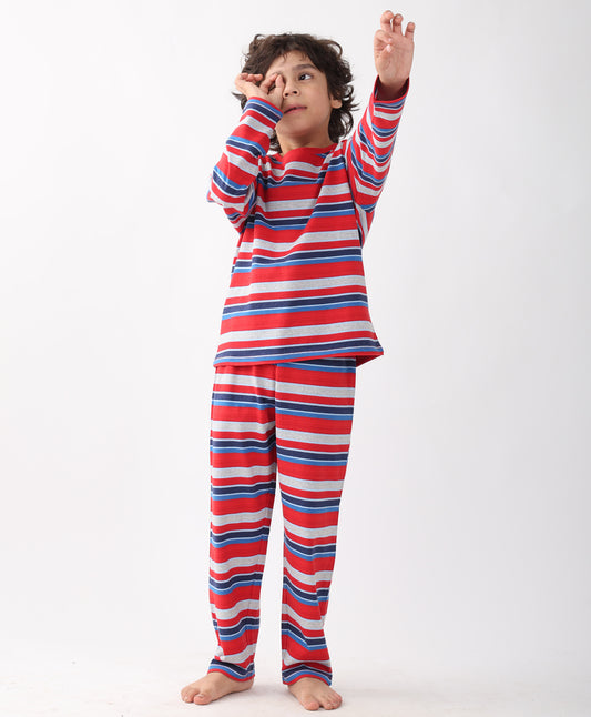 RED BLUE GREY STRIPE BOYS PYJAMA SET - MULTI