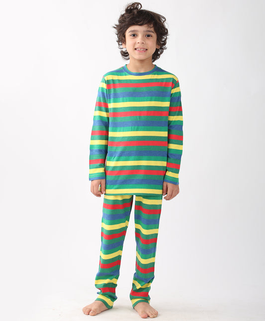 GREEN YELLOW RED STRIPE BOYS PYJAMA SET - MULTI