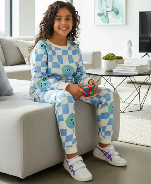 GLOBE CHECK GIRLS FLEECE SWEATSHIRT JOGGER SET - BLUE
