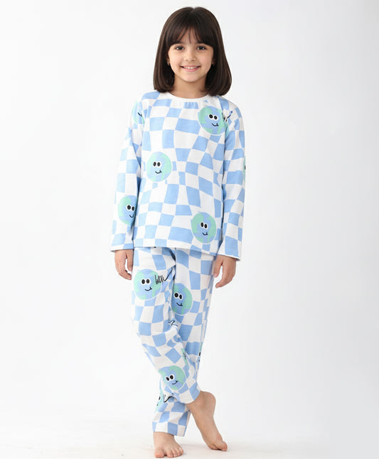 GLOBE CHECK GIRLS LONG SLEEVES PYJAMA SET - BLUE