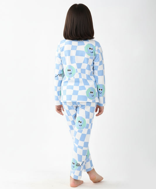 GLOBE CHECK GIRLS LONG SLEEVES PYJAMA SET - BLUE