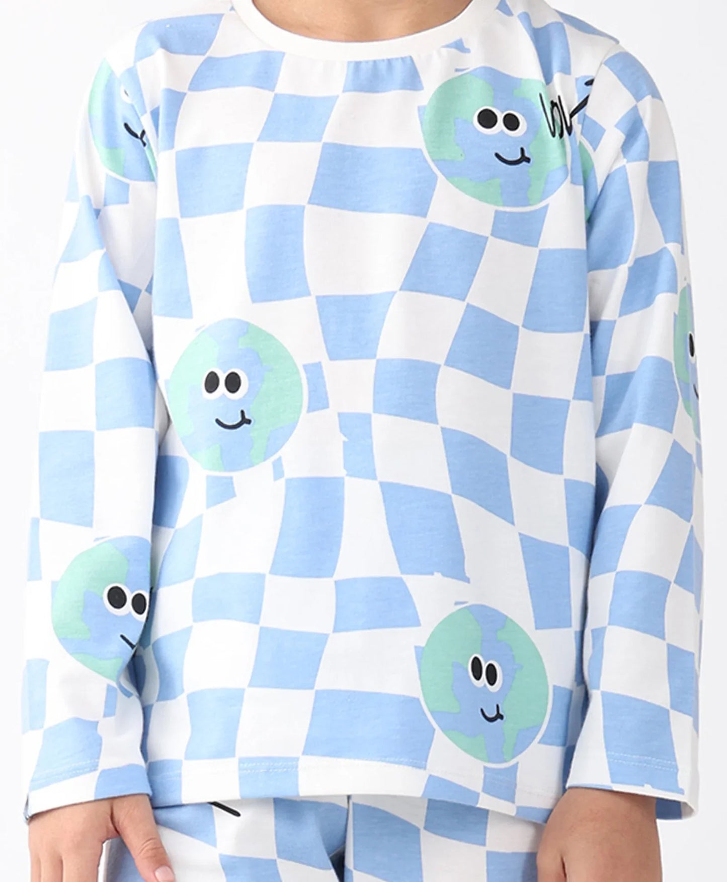 GLOBE CHECK GIRLS LONG SLEEVES PYJAMA SET - BLUE