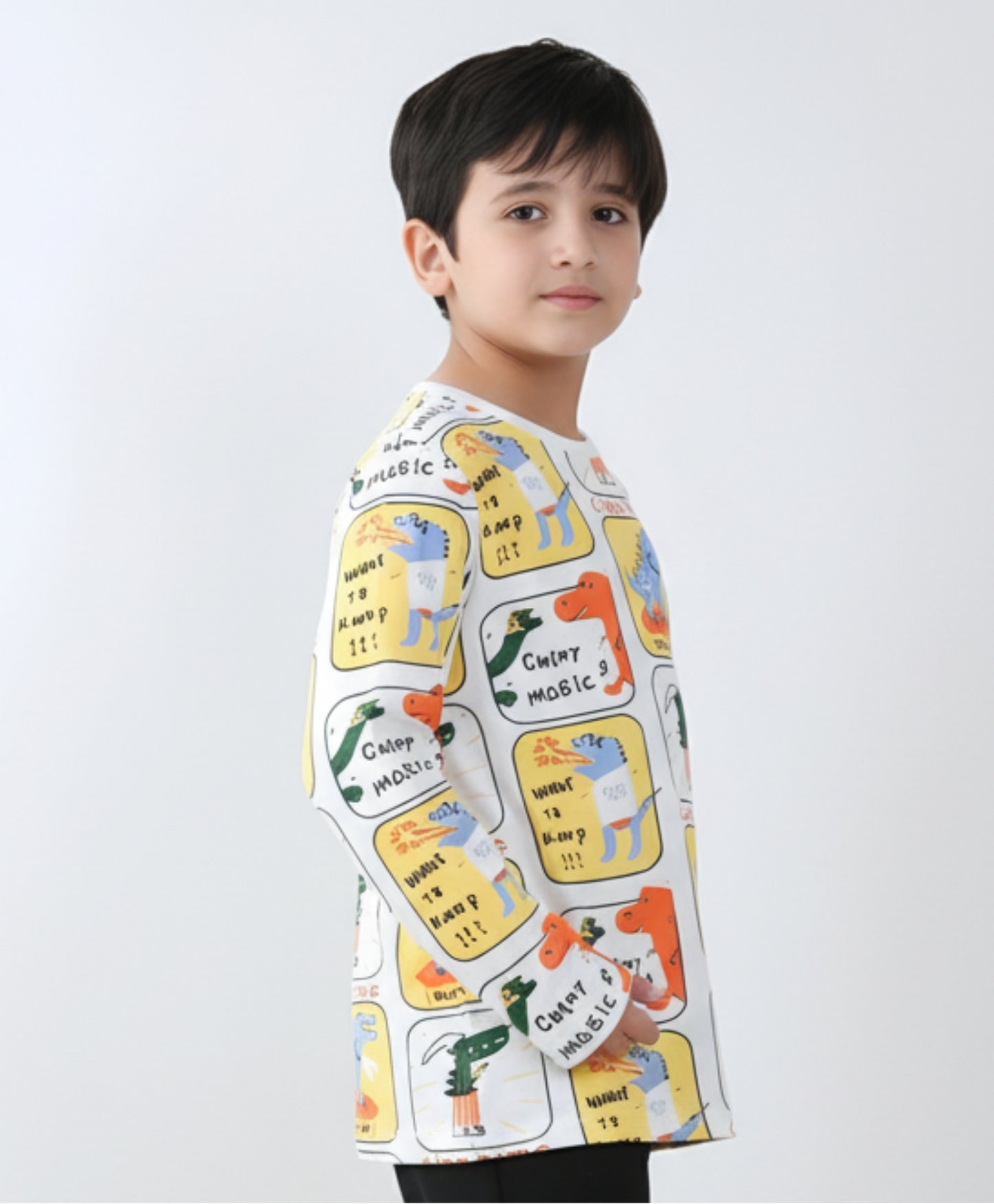 DINOSAUR STAMP LONG SLEEVE BOYS T-SHIRT -OFF WHITE
