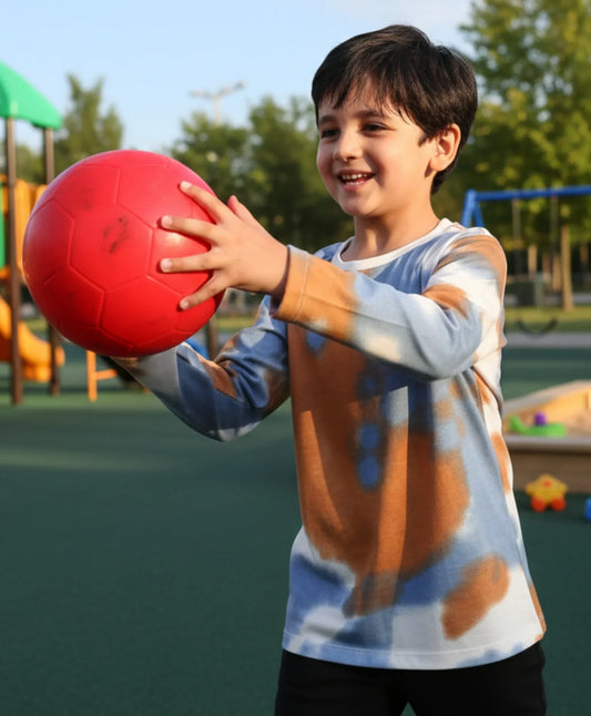 BLUE BROWN TIE DYE LONG SLEEVE BOYS T-SHIRT -BROWN