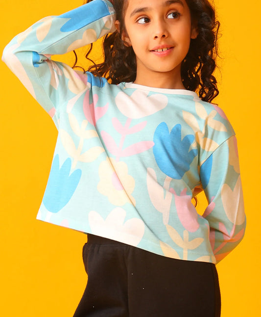 AQUA FLOWER LONG SLEEVE GRILS T-SHIRT FLEECE JOGGER SET - AQUA/BLACK - Anthrilo