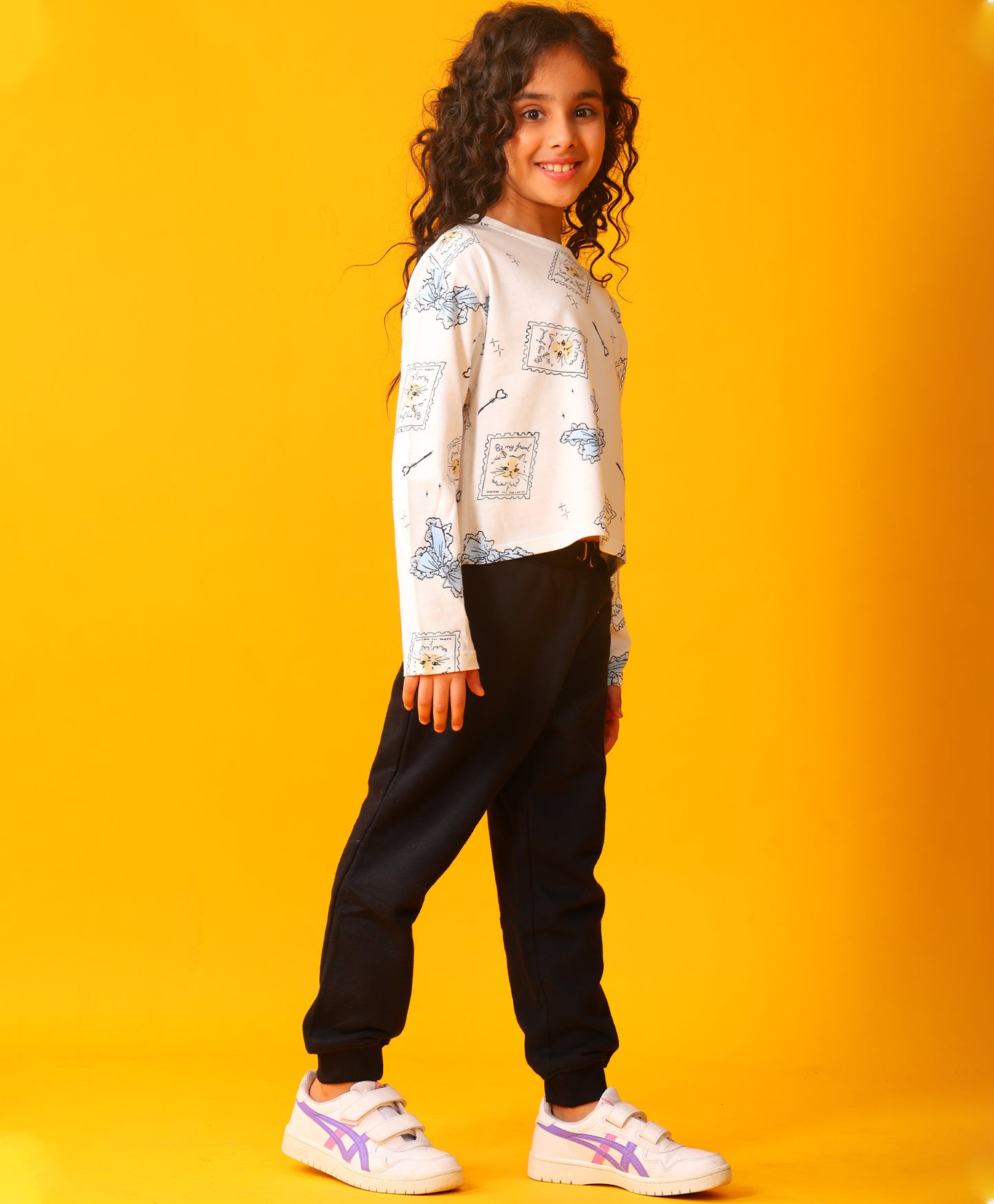 BOW KEY CAT LONG SLEEVE GRILS T-SHIRT FLEECE JOGGER SET - WHITE/BLACK