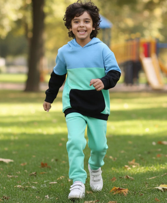 SEAGREEN BLUE BLACK BOYS HOODIE JOGGER SET - BLUE/SEA GREEN