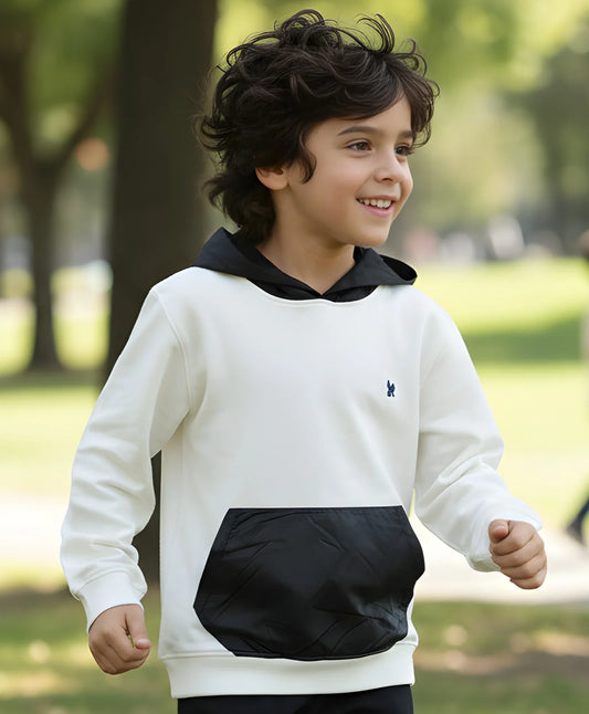 WHITE TAFETTA POCKET BOYS FLEECE HOODIE - WHITE/BLACK